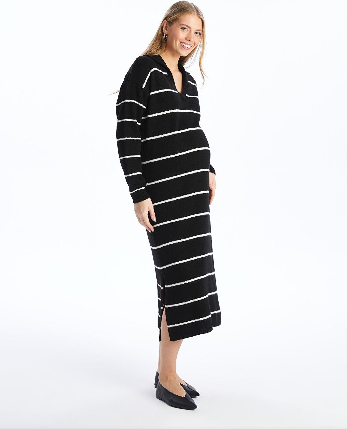 LC Waikiki Lcwaıkıkı Maternity Polo Yaka Düz Uzun Kollu Hamile Triko Elbise görsel 6