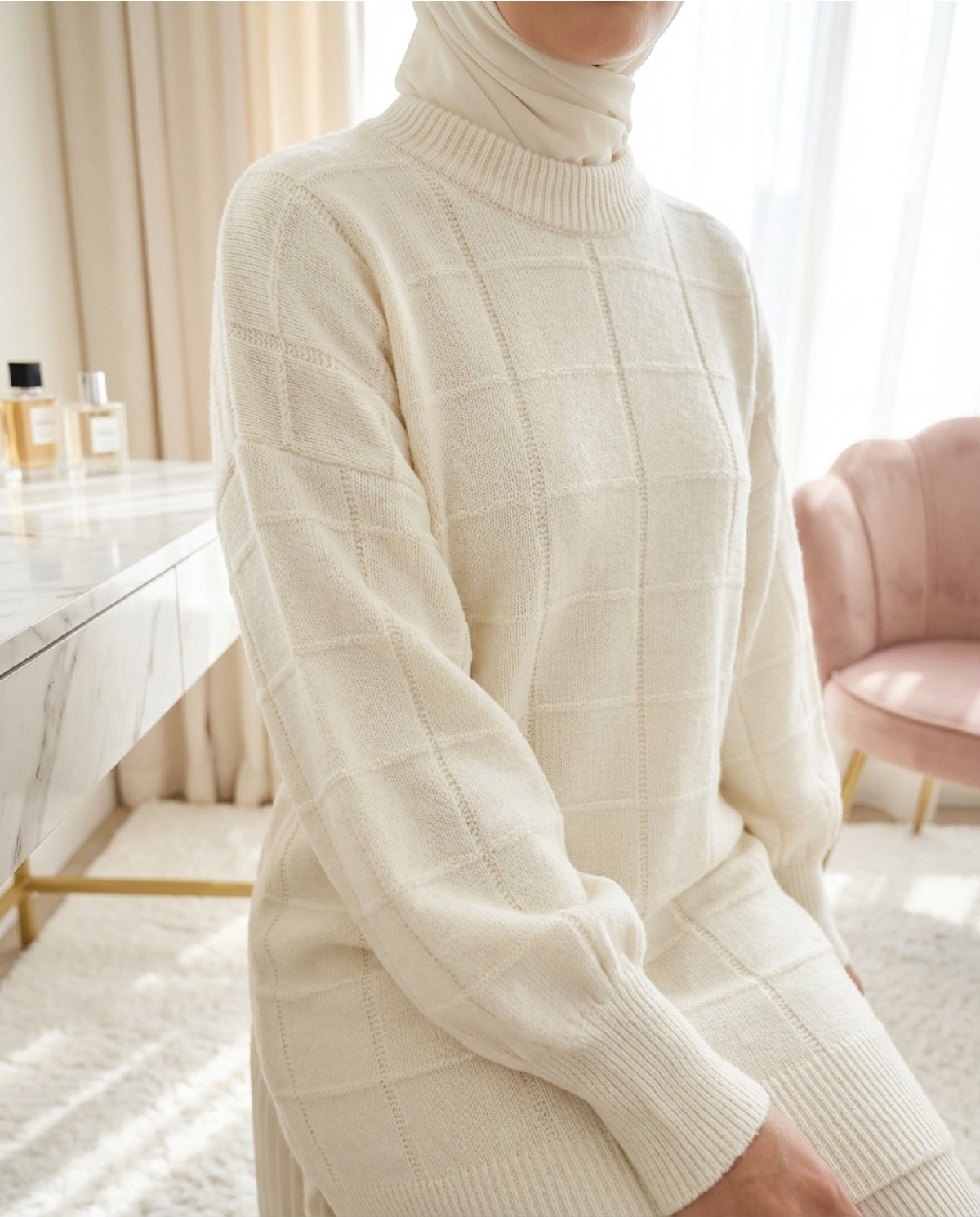 Moda Morfo Kare Desenli Yırtmaçlı Yumoş Triko Tunik -Ekru