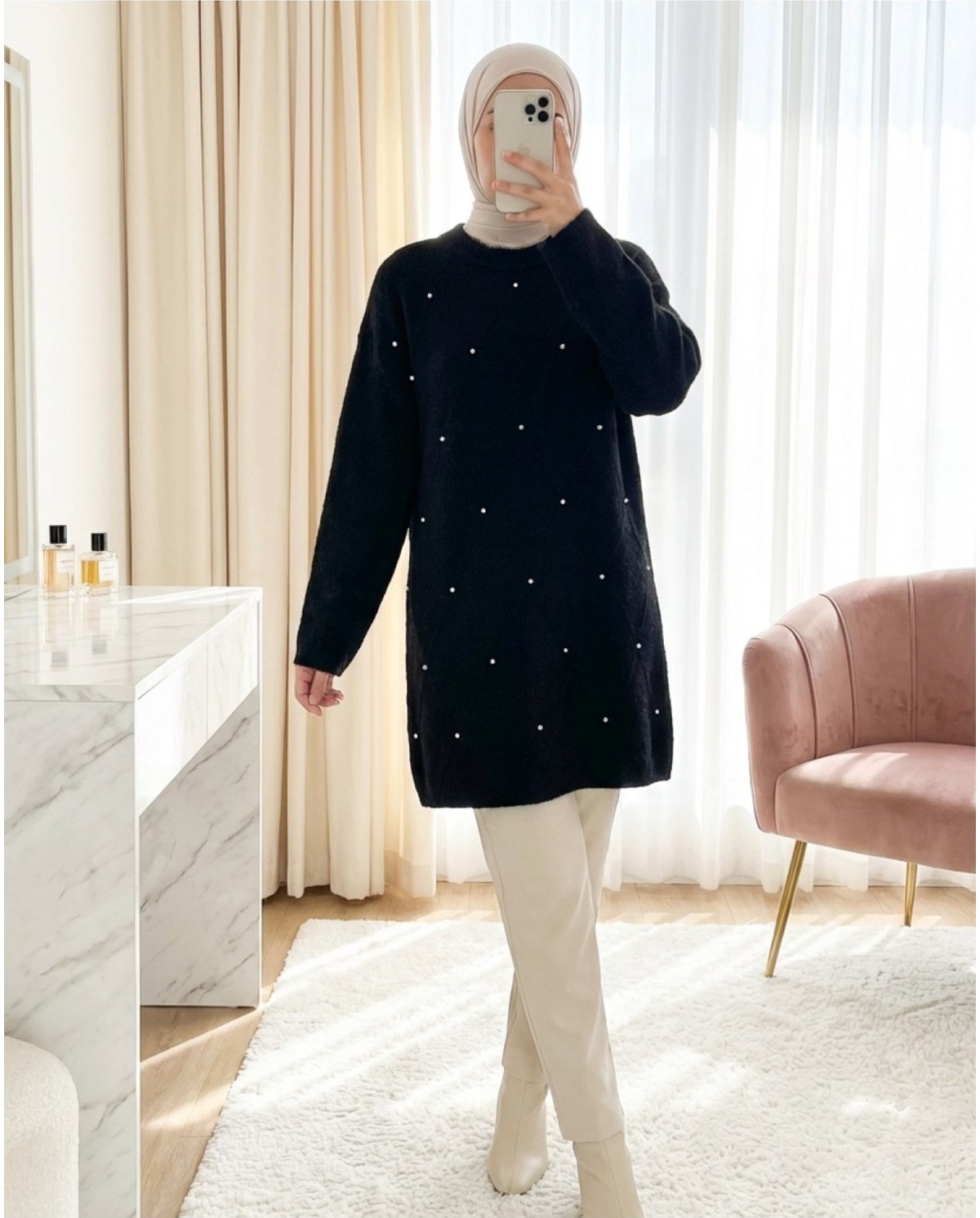 Moda Morfo Taş Detaylı Baklava Desen Sakallı Triko Tunik -Kahve görsel 5
