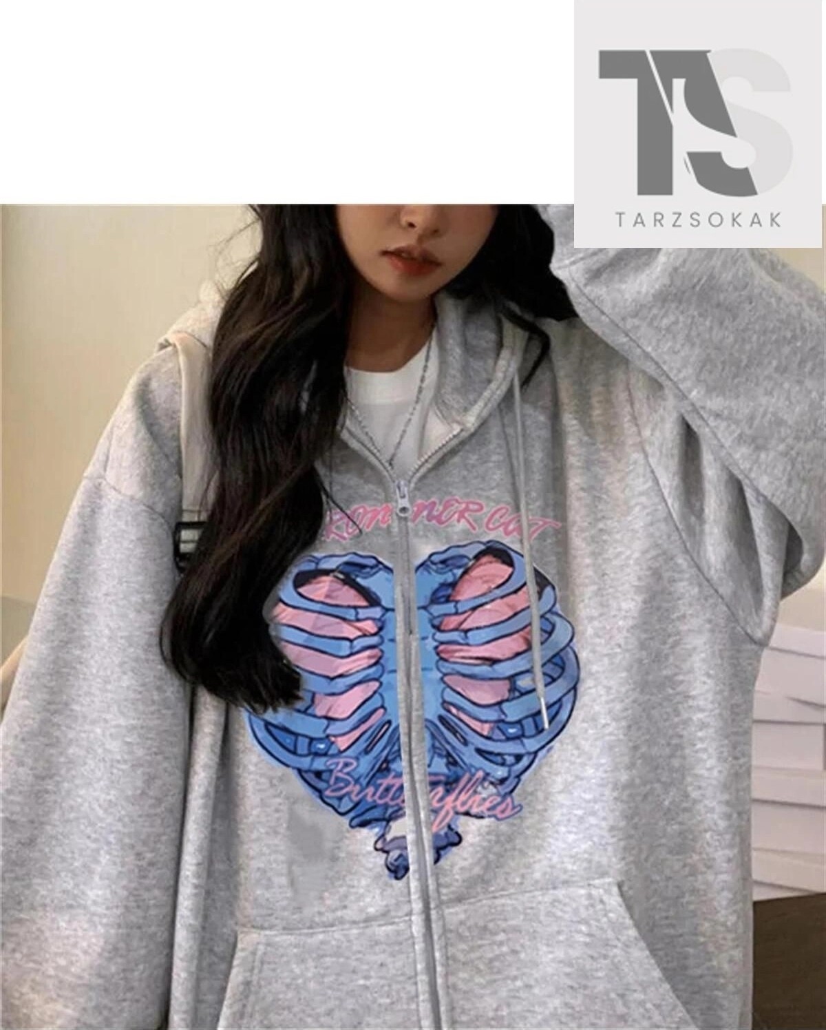 Tarzsokak Iskelet Kalp Sweatshirt Fermuarlı Hırka