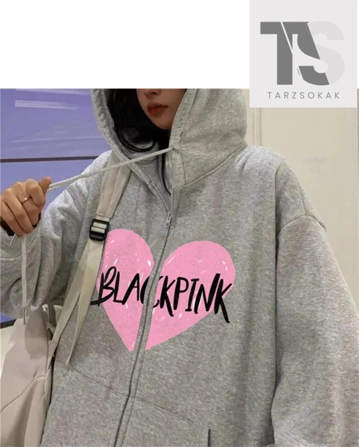 Tarzsokak Blackpink Kalp Sweatshirt Fermuarlı Hırka Gri