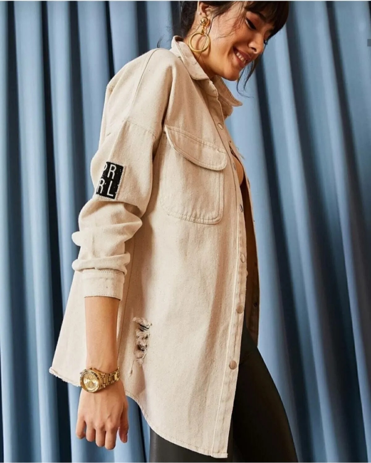 Esb Design Kadın Bej Armalı Boyfriend Oversize Eskitmeli Denim Jeans Kot Ceket görsel 7