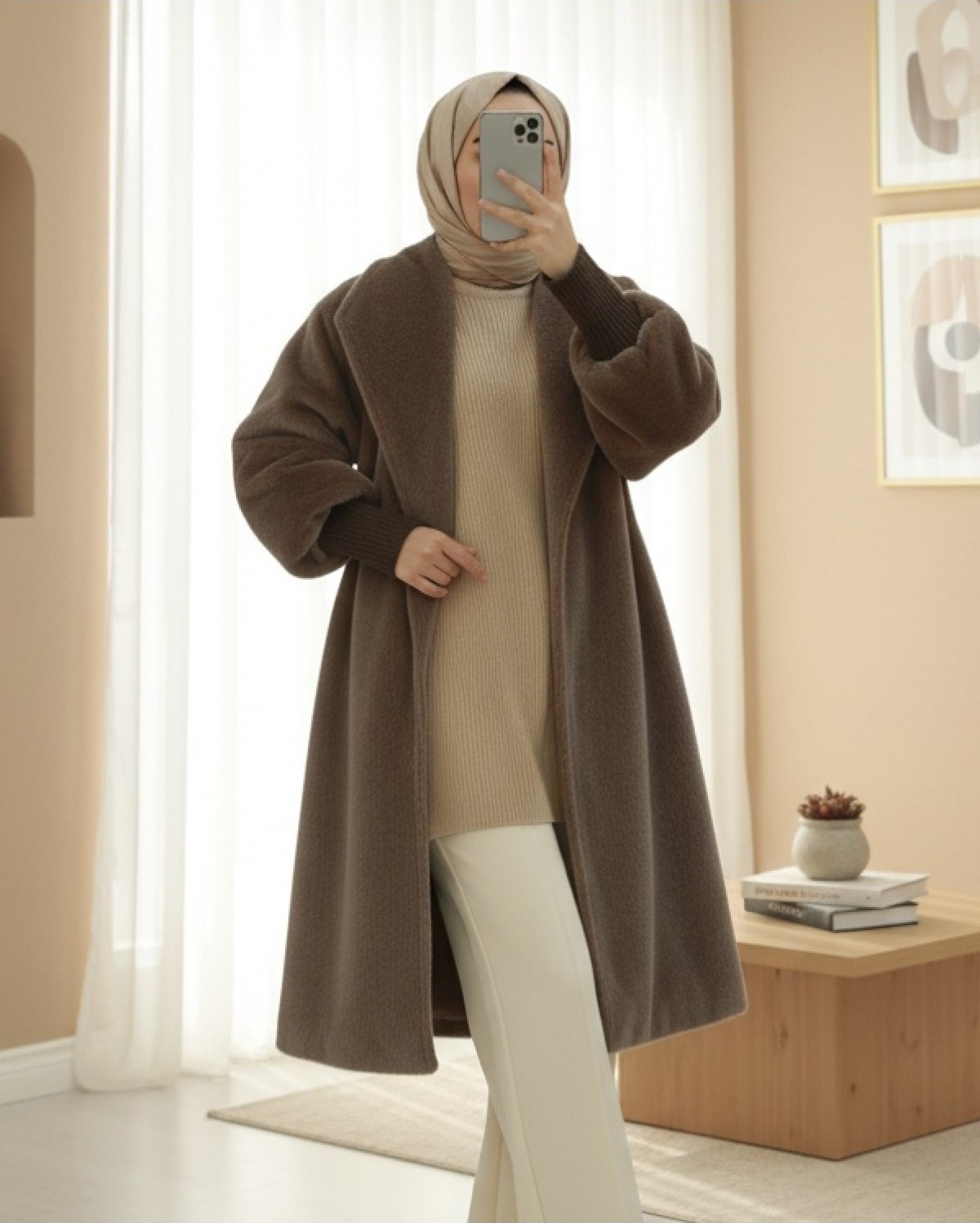 Moda Morfo Kolu Ribanalı Şal Yaka Astarlı Kaşe Kaban -Toprak