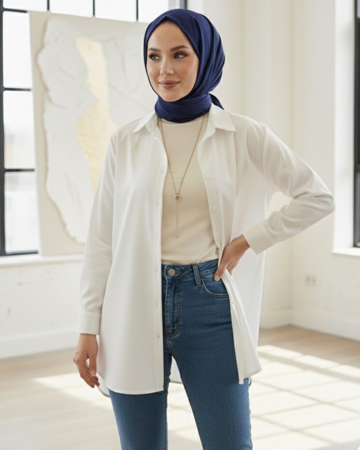 Moda Morfo Düğmeli Oversize Düz Gömlek -Beyaz görsel 4