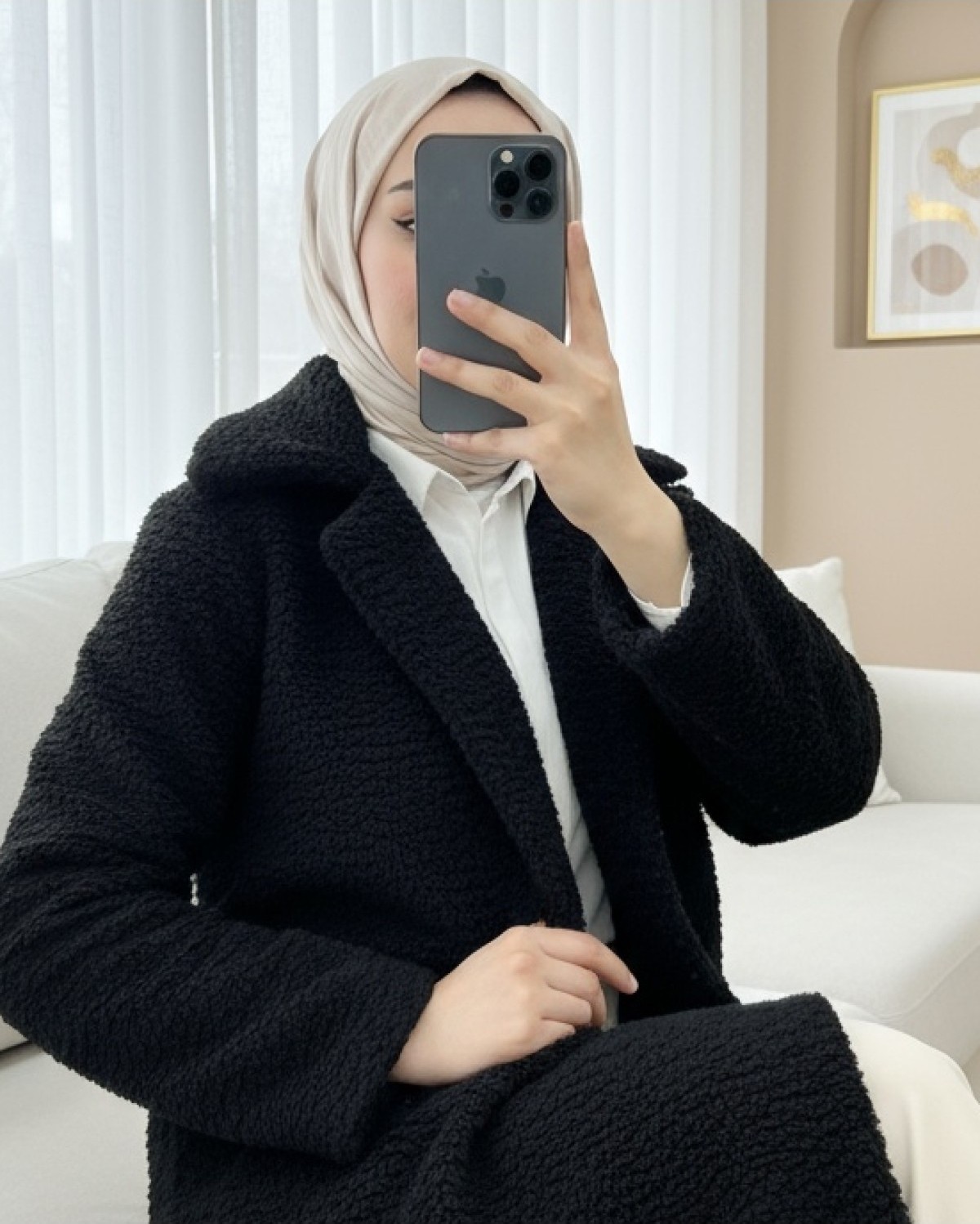 Moda Morfo Düğmeli Astarlı Önden Cepli Peluş Kaban -Ekru