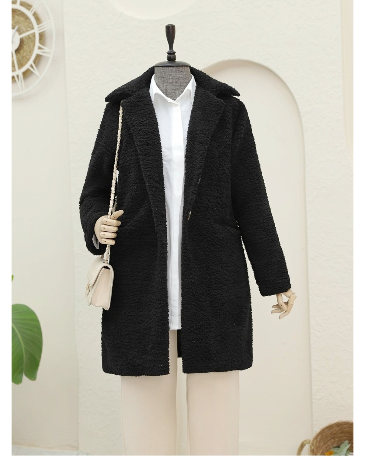 Moda Morfo Düğmeli Astarlı Önden Cepli Peluş Kaban -Ekru görsel 6