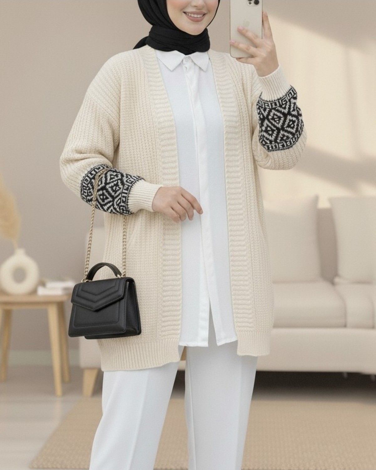 Moda Morfo Kolları Desenli Triko Hırka -Krem görsel 3