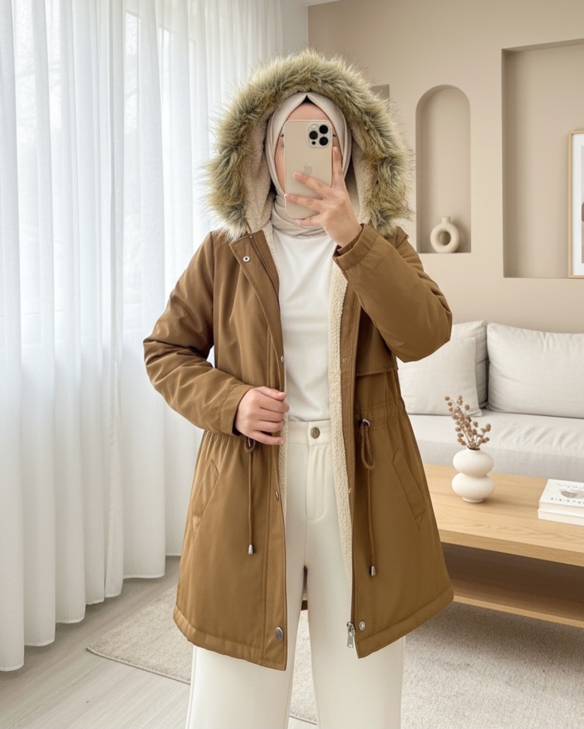 Moda Morfo Bolero Detaylı Kürklü Kapşonlu İçi Peluşlu Mont -Taba