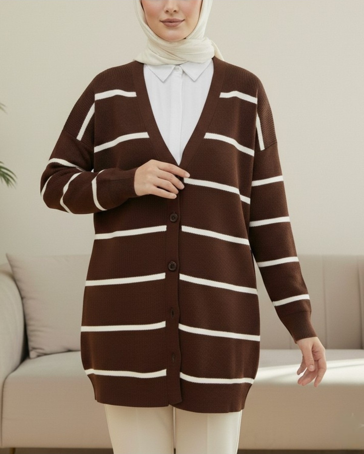 Moda Morfo Çizgili Düğmeli Hırka -Zümrüt