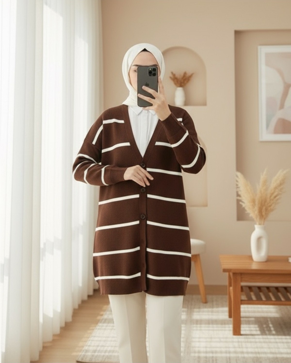 Moda Morfo Çizgili Düğmeli Hırka -Zümrüt görsel 2