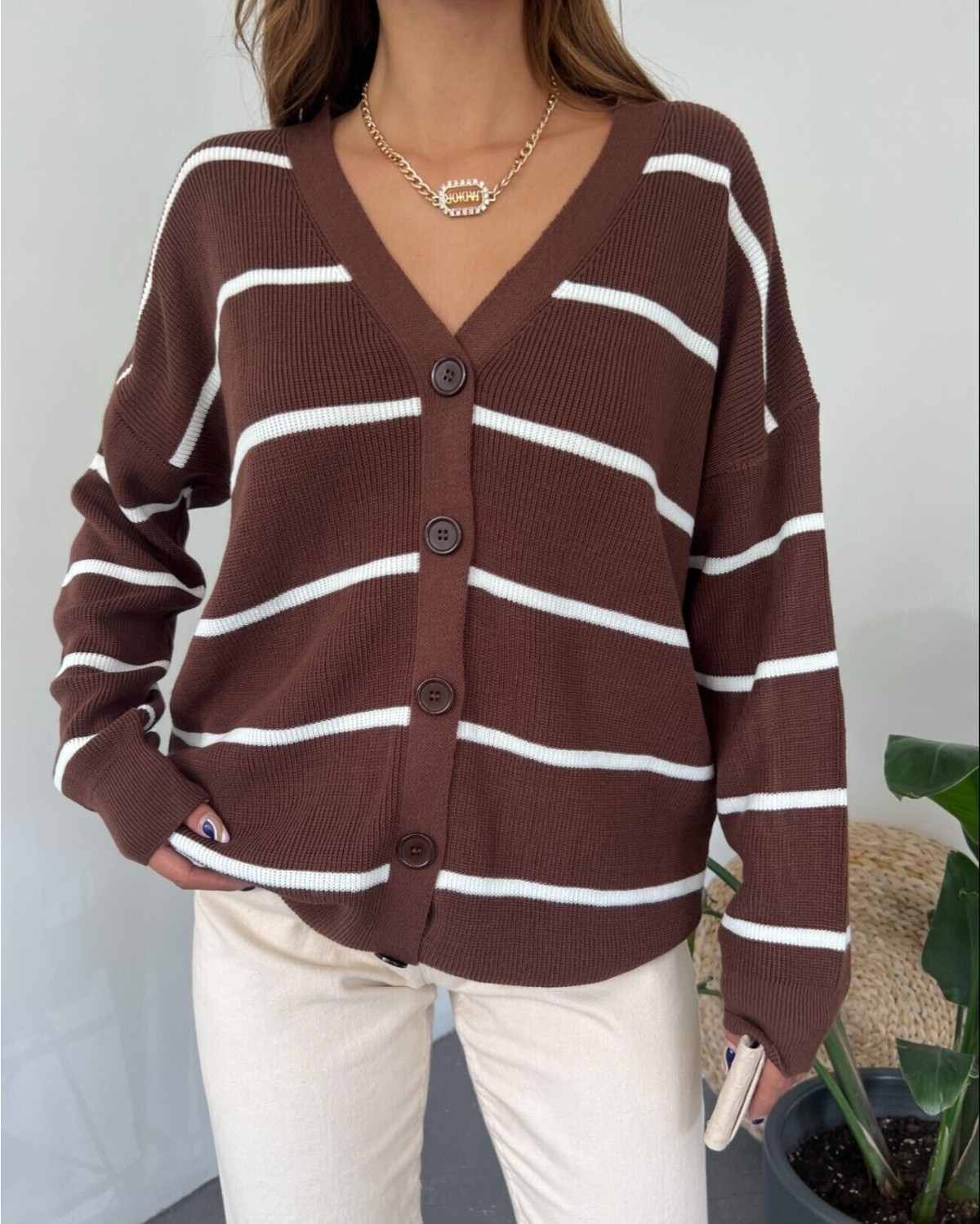 Moda Morfo Çizgili Düğmeli Hırka -Zümrüt görsel 5