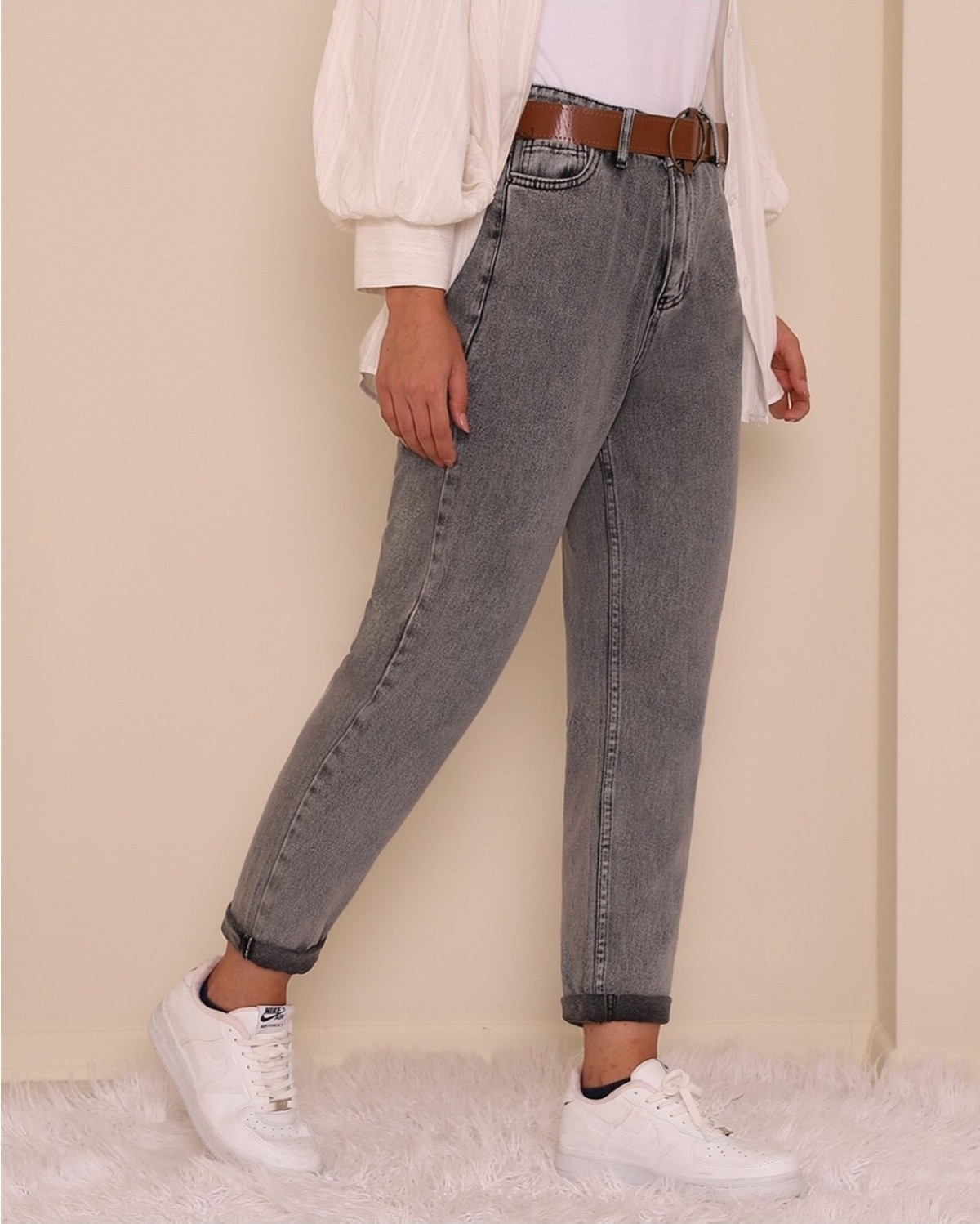 Moda Morfo Kemerli Kot Pantolon -Açık Mavi görsel 7