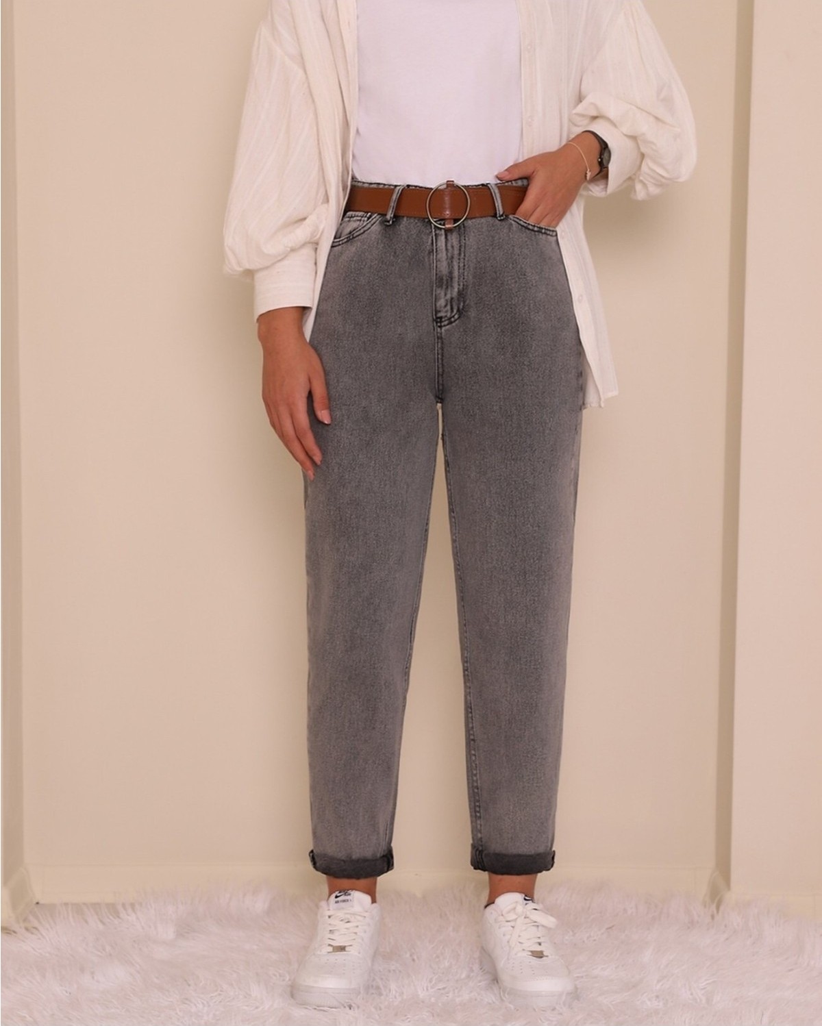 Moda Morfo Kemerli Kot Pantolon -Açık Mavi görsel 8