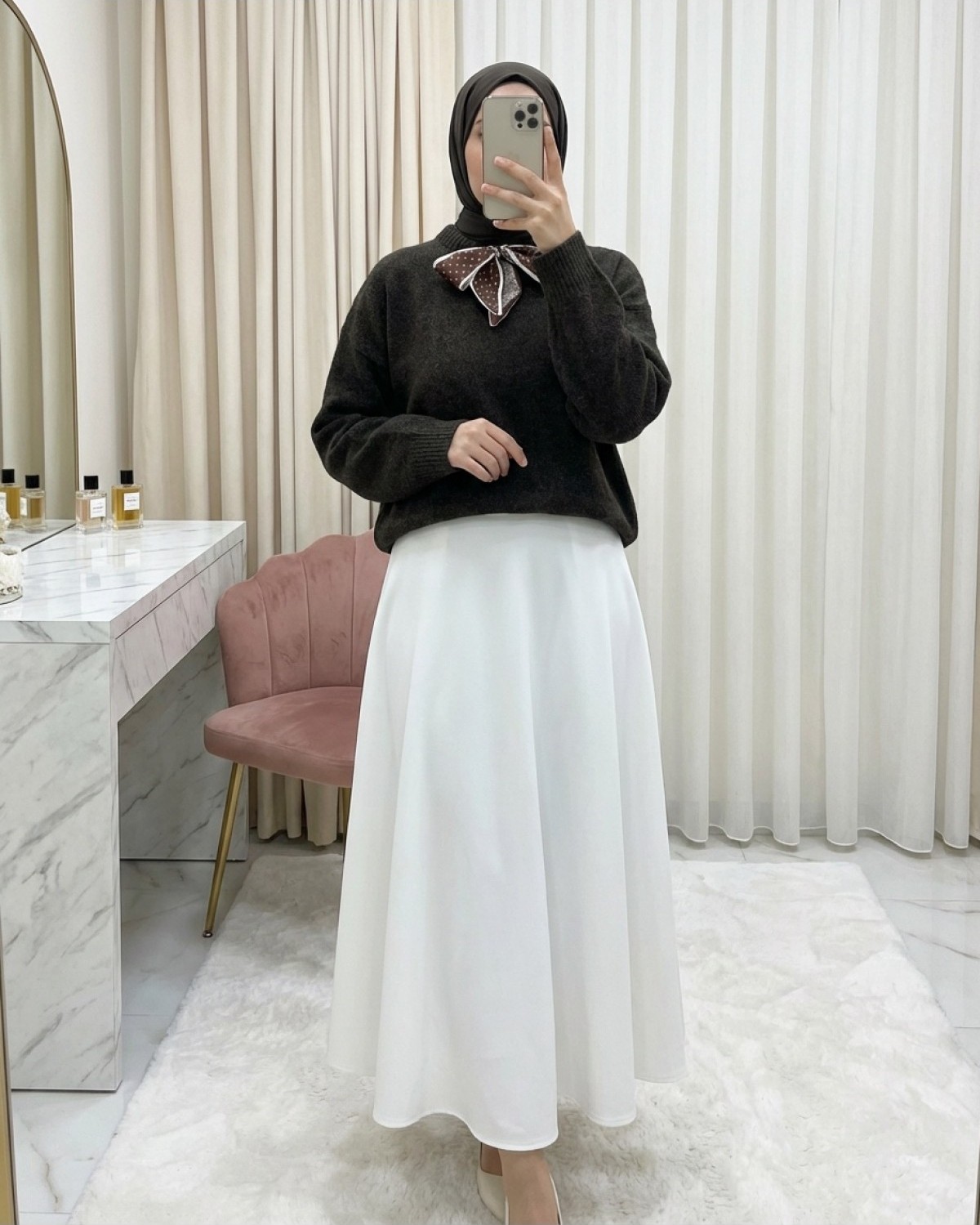 Moda Morfo Yakası Fular Detaylı Yumoş Triko Kazak -Gri