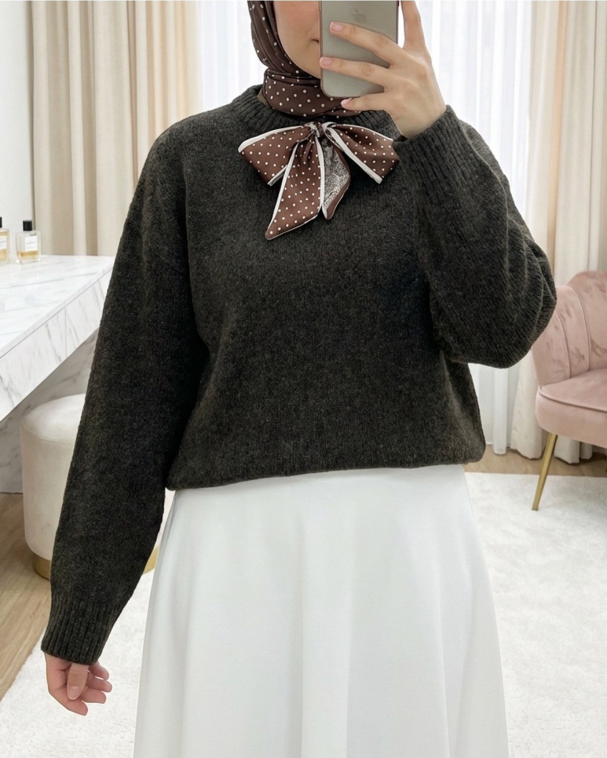 Moda Morfo Yakası Fular Detaylı Yumoş Triko Kazak -Gri görsel 2
