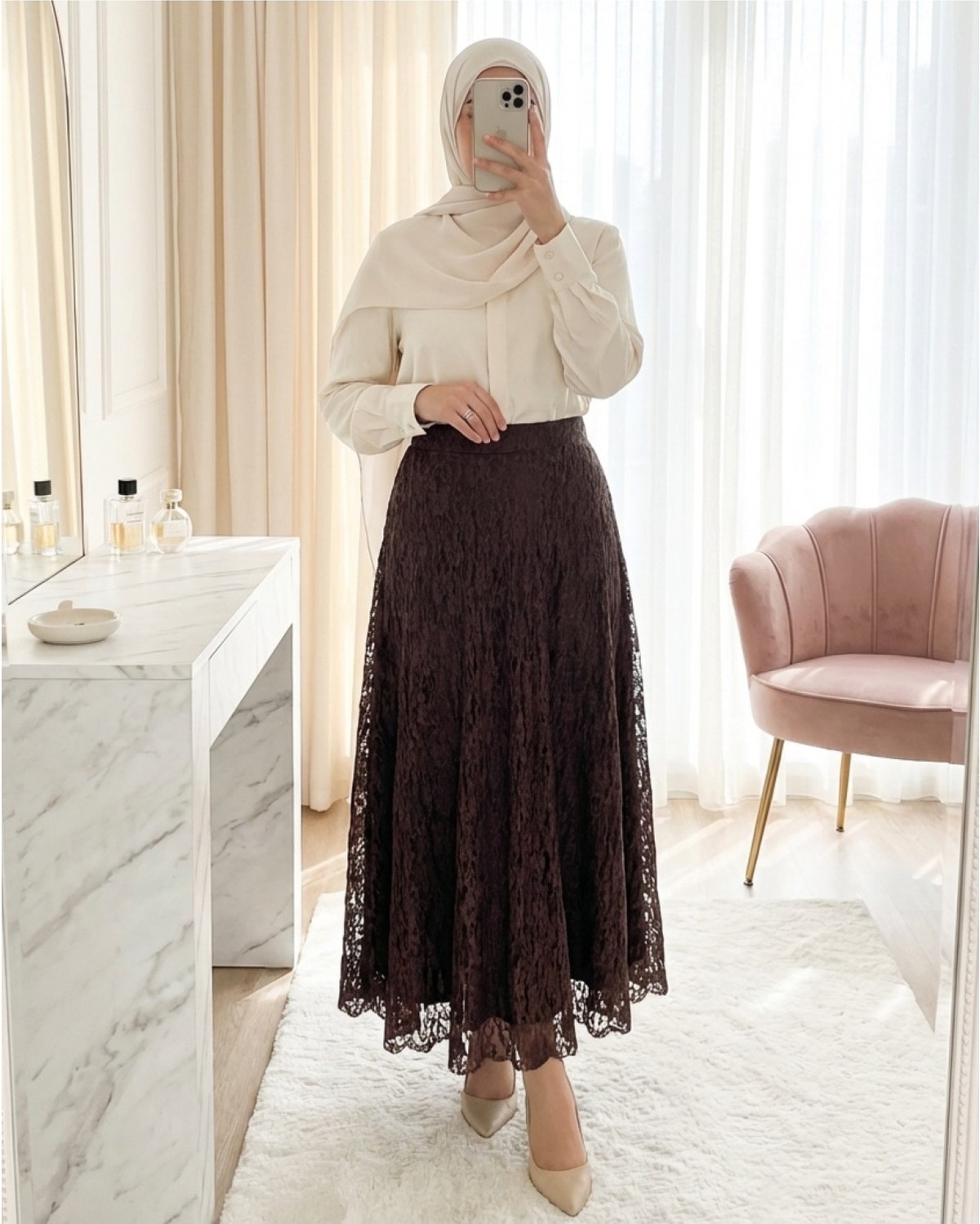 Moda Morfo Desenli Astarlı Güpür Dantel Etek -Siyah görsel 2