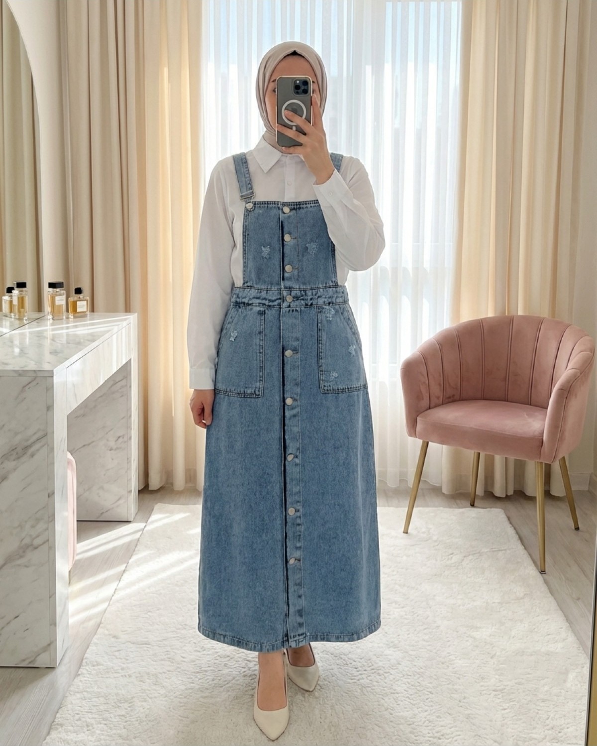 Moda Morfo Yıpratma Detaylı Boydan Düğmeli Çift Cepli Kot Salopet -Buz Mavi