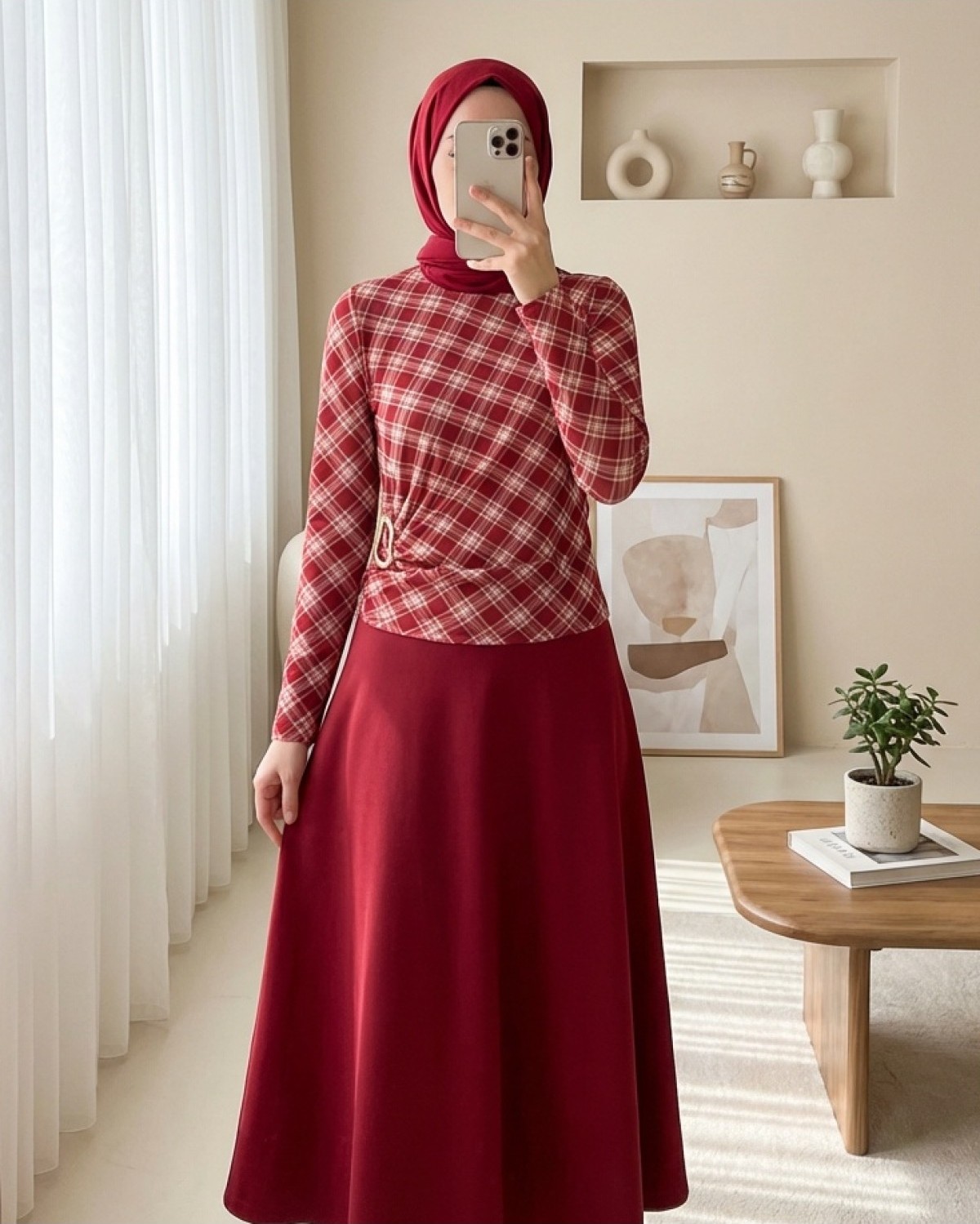 Moda Morfo Yanı Tokalı Ekose Desenli Bluz -Siyah