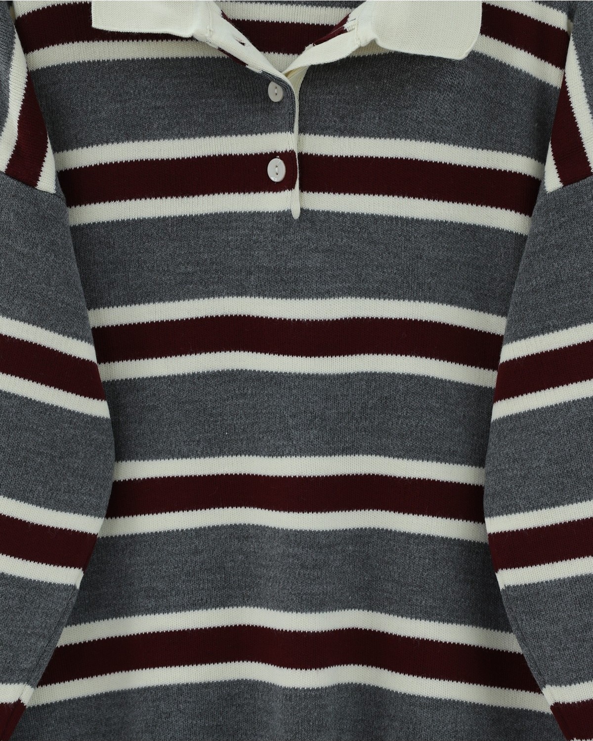 Moda Morfo Polo Yaka Yarım Düğmeli Renkli Çizgili Triko Kazak -Füme görsel 5