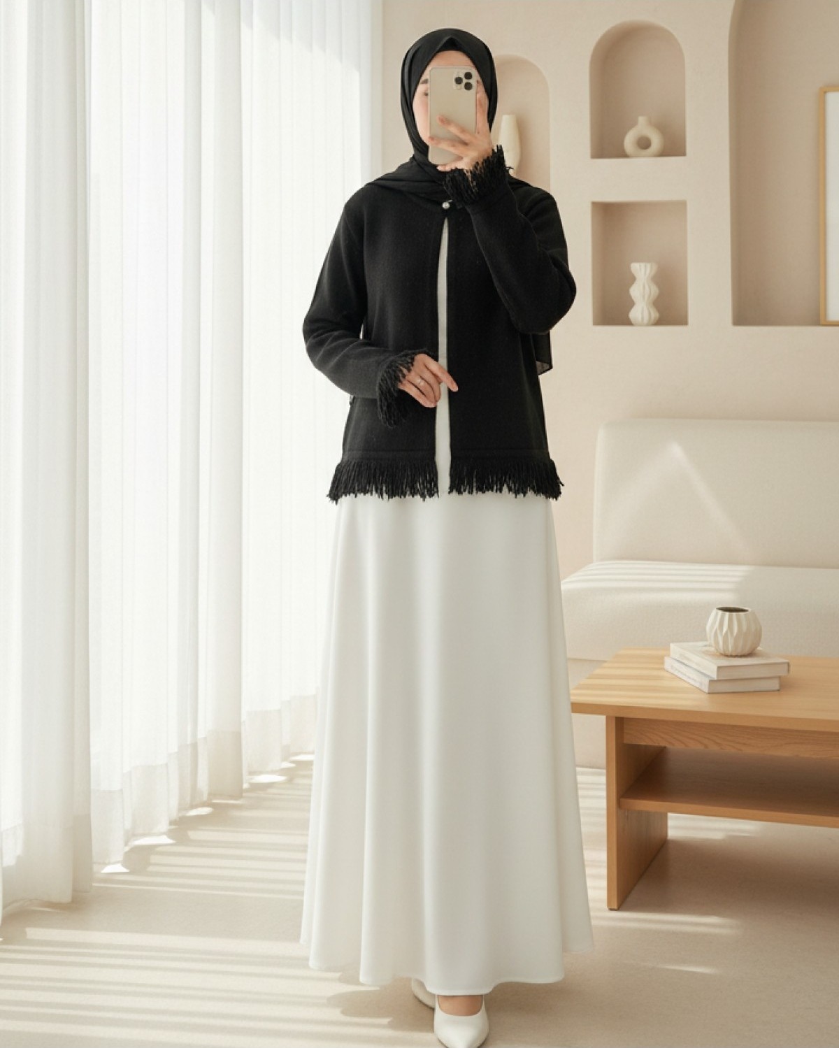 Moda Morfo Tek Düğmeli Saçaklı Yumoş Triko Hırka -Füme görsel 7