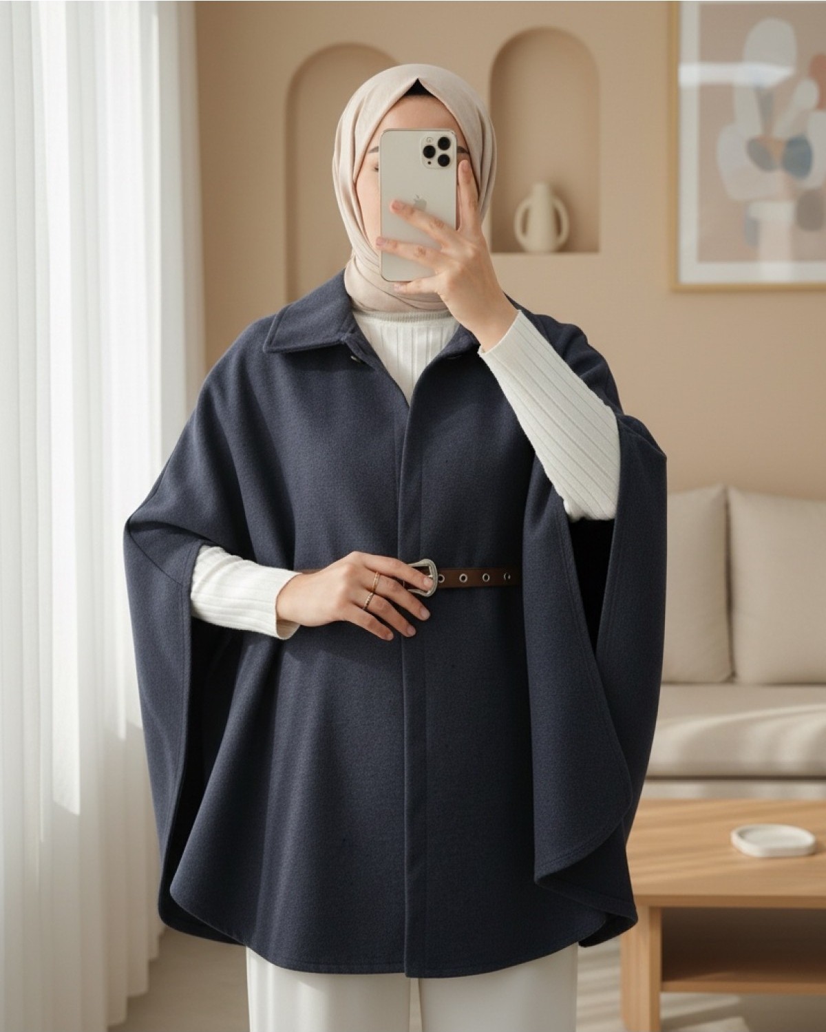 Moda Morfo Omuzu Düğmeli Beli Kemerli Kaşe Panço -Füme