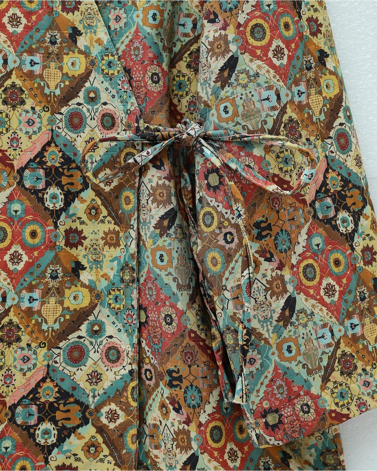 Moda Morfo Beli Bağlamalı Cepli Desenli Astarlı Kapitone Kimono -Bej görsel 5