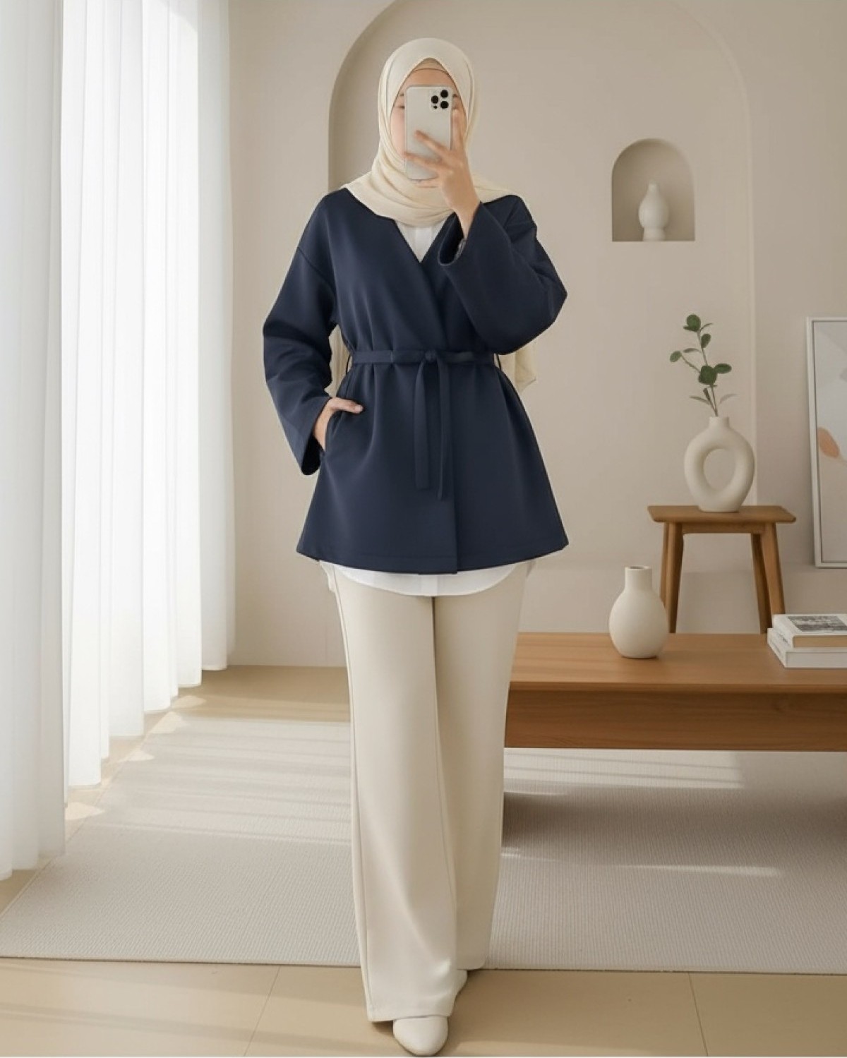 Moda Morfo Beli Kuşaklı V Yaka Scuba Kimono -Siyah görsel 4
