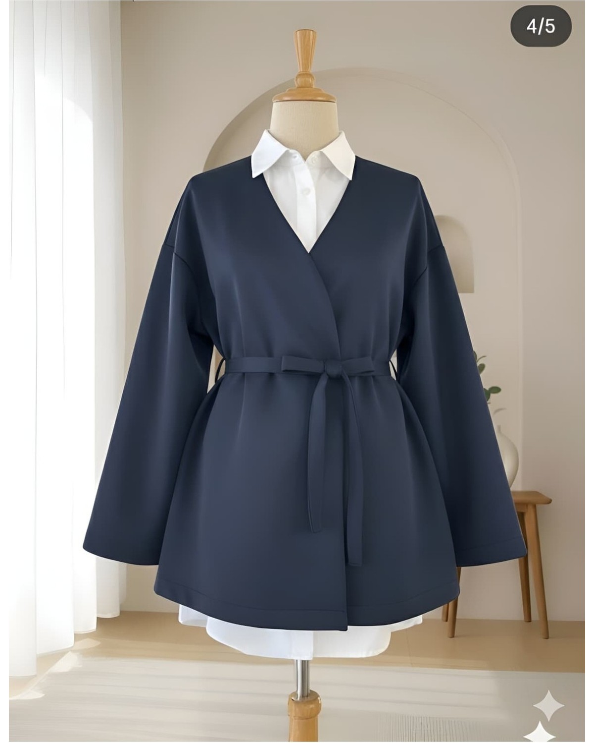 Moda Morfo Beli Kuşaklı V Yaka Scuba Kimono -Siyah görsel 5