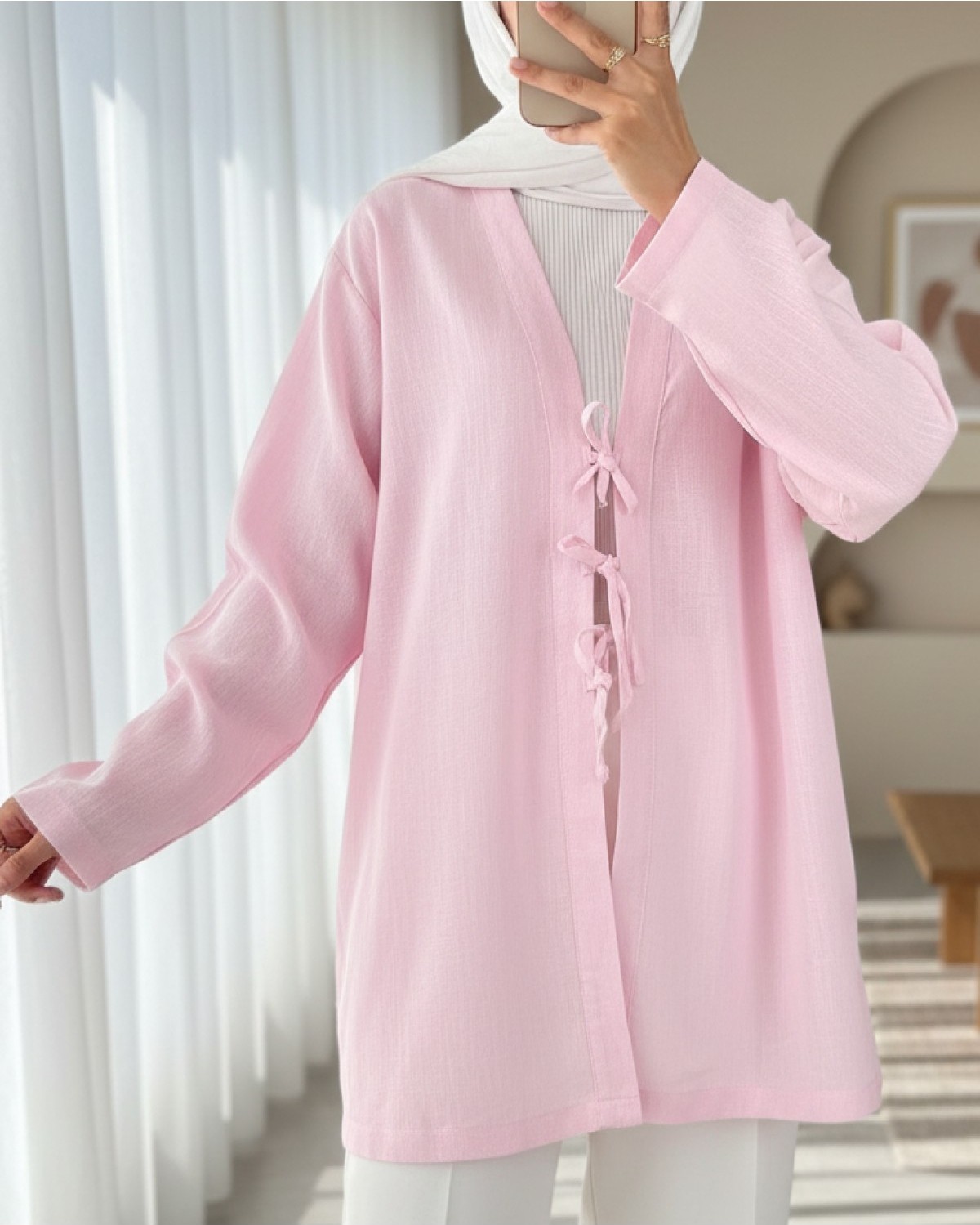 Moda Morfo Önü Üç Bağcıklı Keten Kimono -Pudra görsel 7