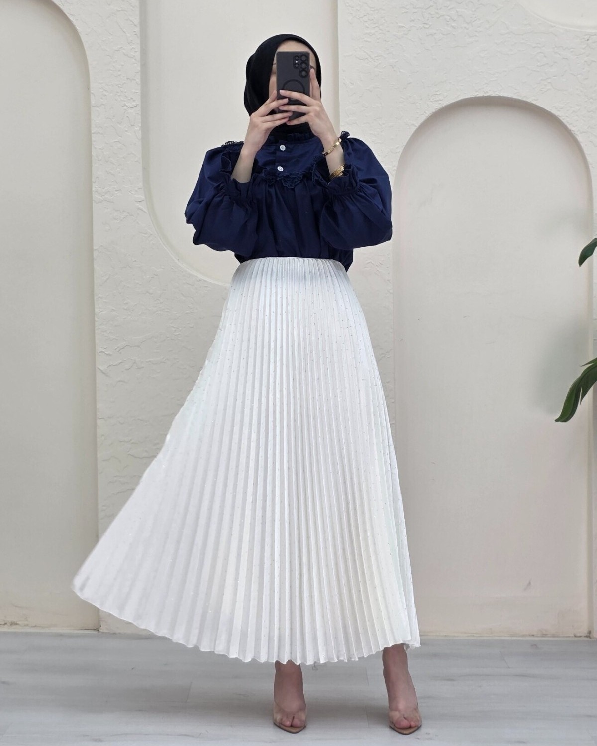 Moda Morfo Taşlı Pliseli Etek -Krem görsel 2