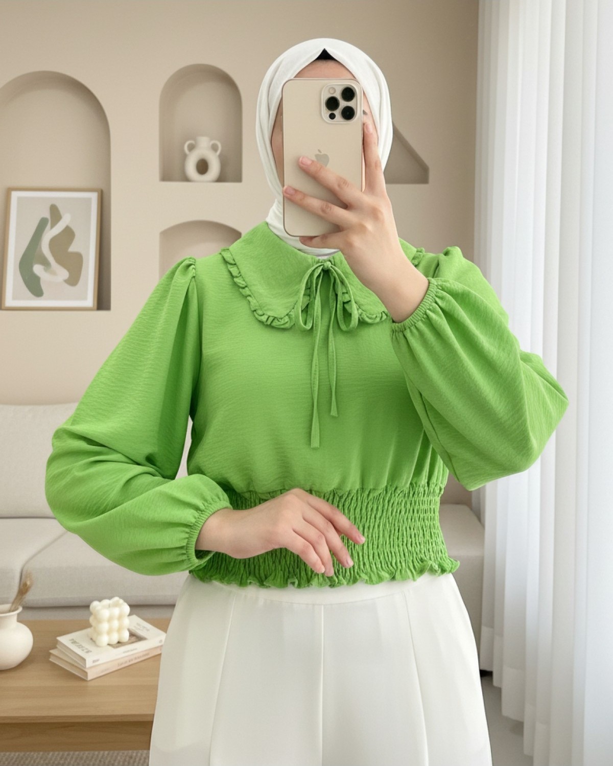 Moda Morfo Beli Lastikli Bebe Yaka Uzun Kol Bluz -Yeşil görsel 2