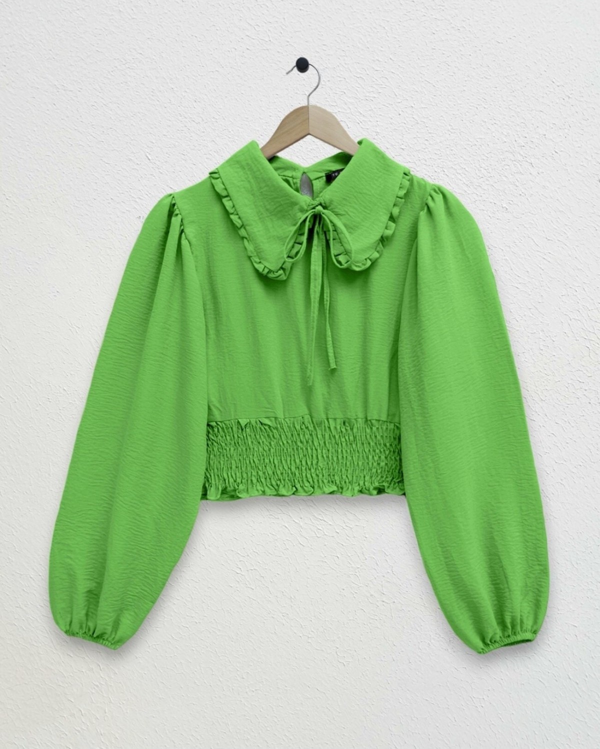 Moda Morfo Beli Lastikli Bebe Yaka Uzun Kol Bluz -Yeşil görsel 3