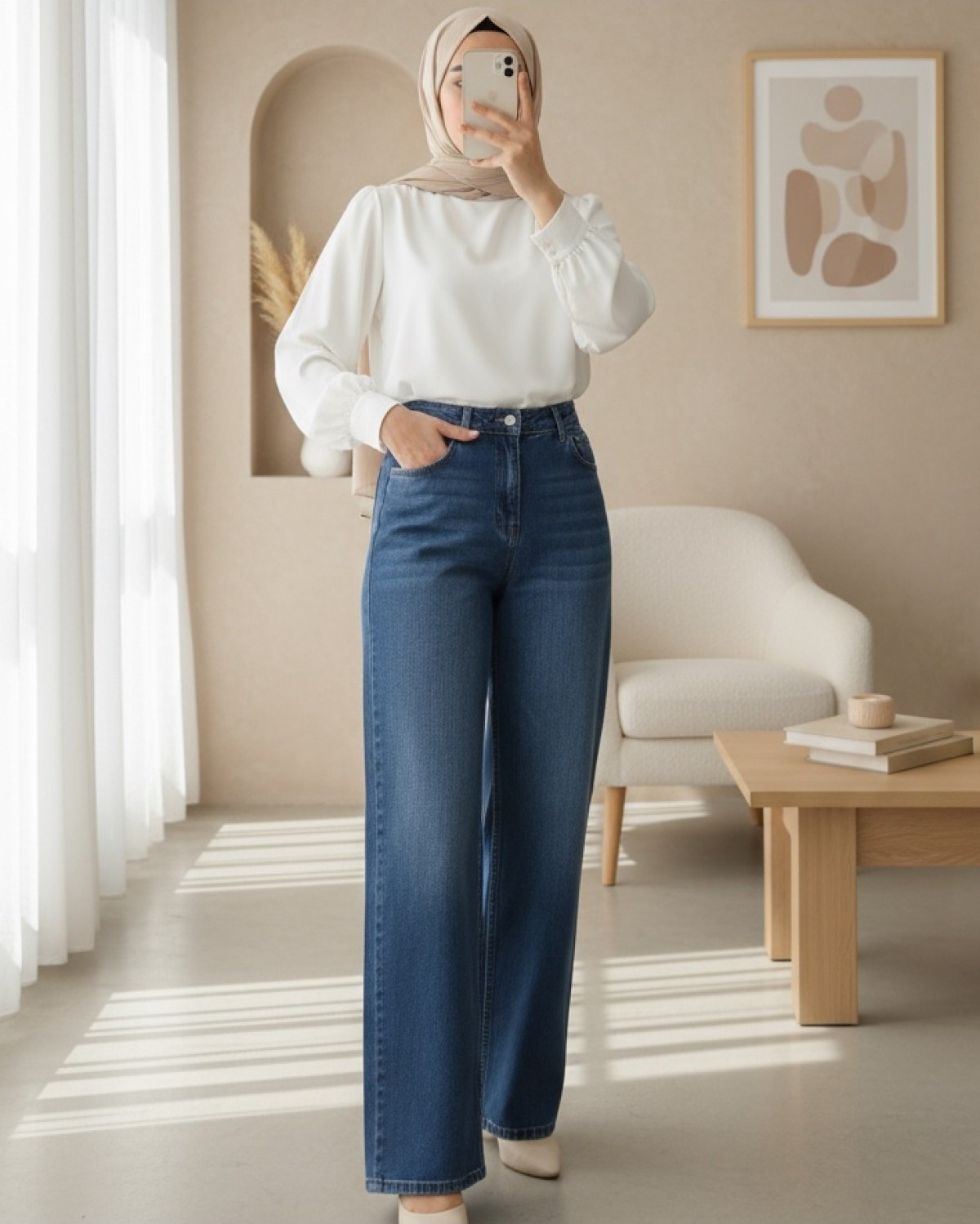 Moda Morfo Çok Cepli Yüksek Bel Kot Pantolon -Mavi
