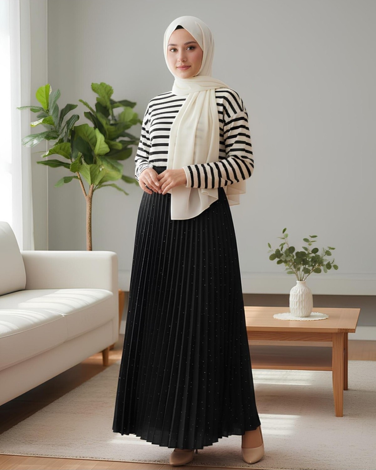 Moda Morfo Taşlı Pliseli Etek -Krem görsel 6