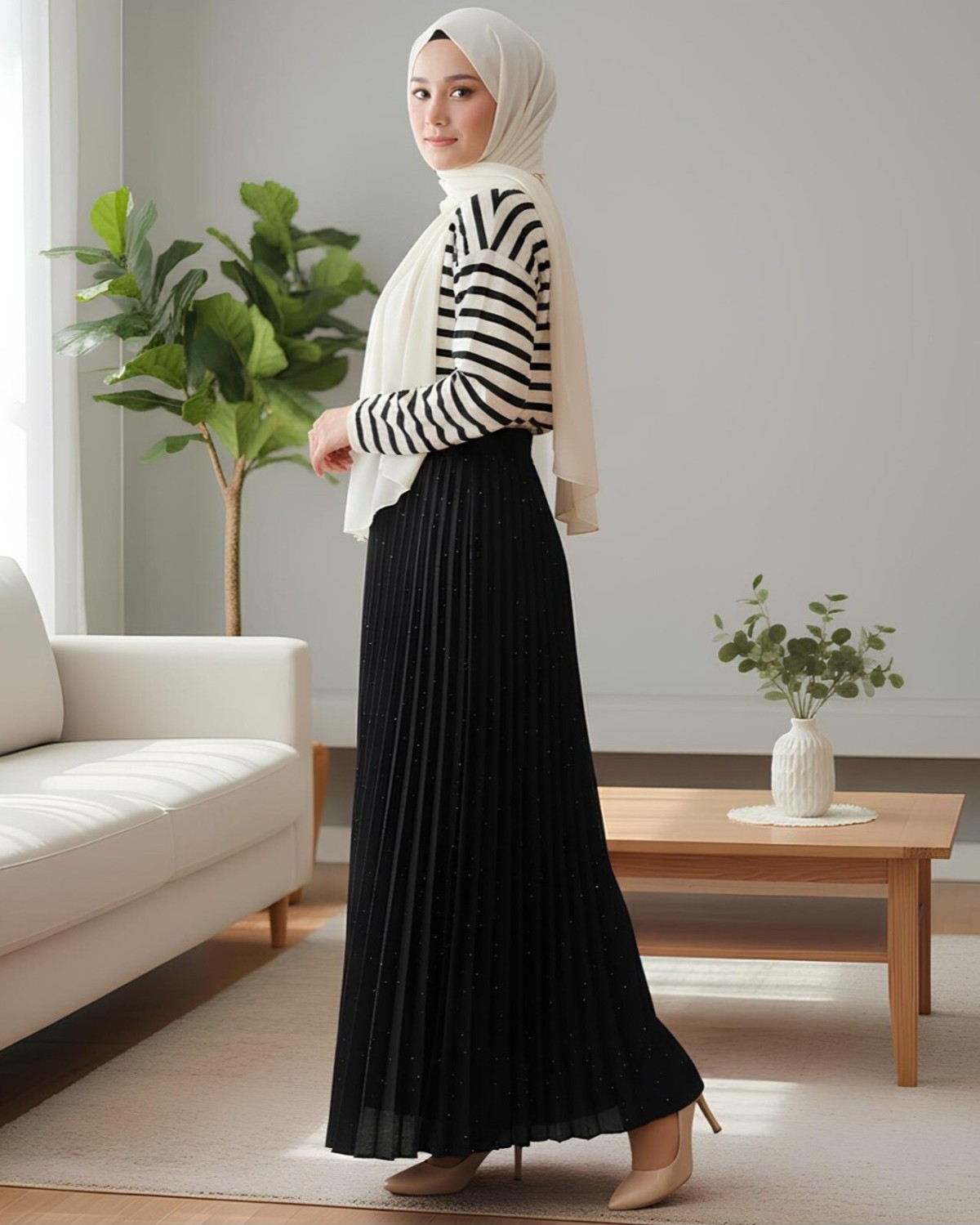 Moda Morfo Taşlı Pliseli Etek -Krem görsel 7
