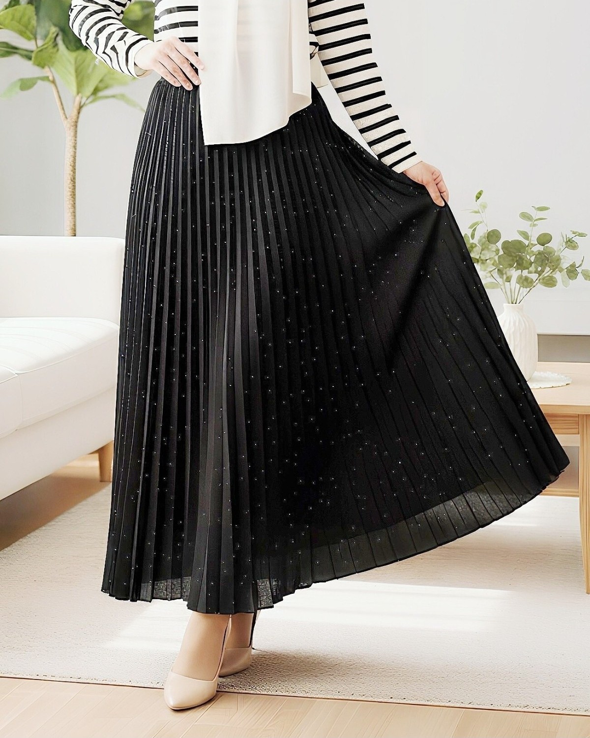 Moda Morfo Taşlı Pliseli Etek -Krem görsel 8