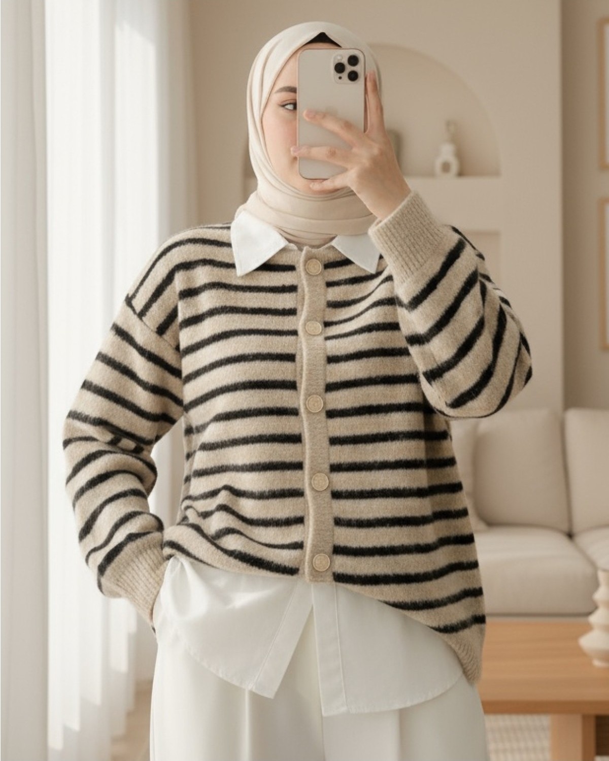 Moda Morfo Yuvarlak Yaka Çizgili Düğmeli Yumoş Triko Hırka -Kahve görsel 3