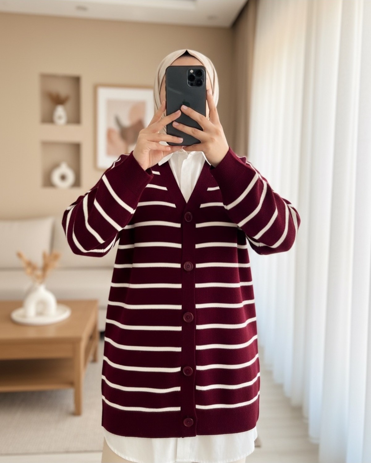 Moda Morfo Çizgili Düğmeli V Yaka Triko Hırka -Füme görsel 5
