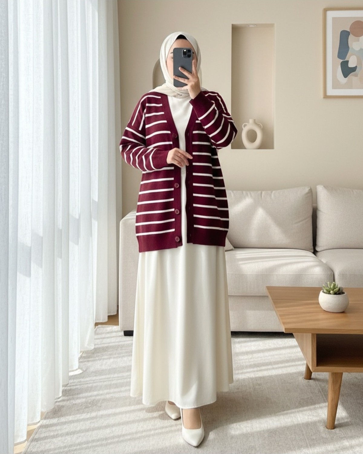 Moda Morfo Çizgili Düğmeli V Yaka Triko Hırka -Füme görsel 6