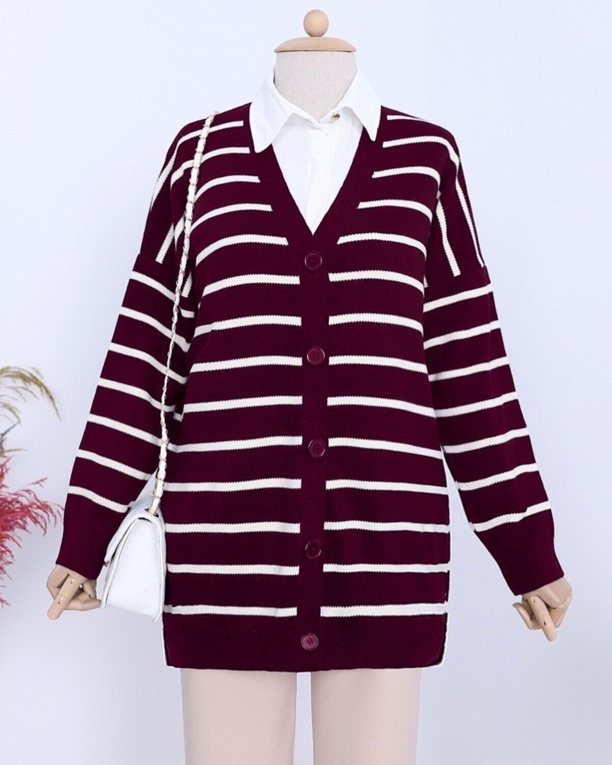 Moda Morfo Çizgili Düğmeli V Yaka Triko Hırka -Füme görsel 7