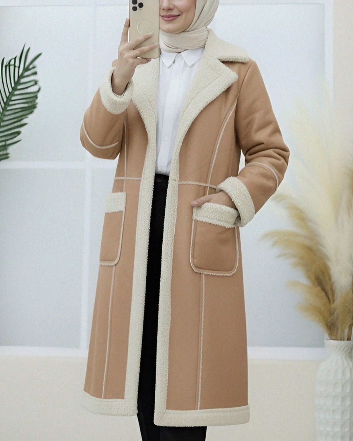 Moda Morfo İçi Peluşlu Çıtçıtlı Cepli Deri Mont -Vizon görsel 6