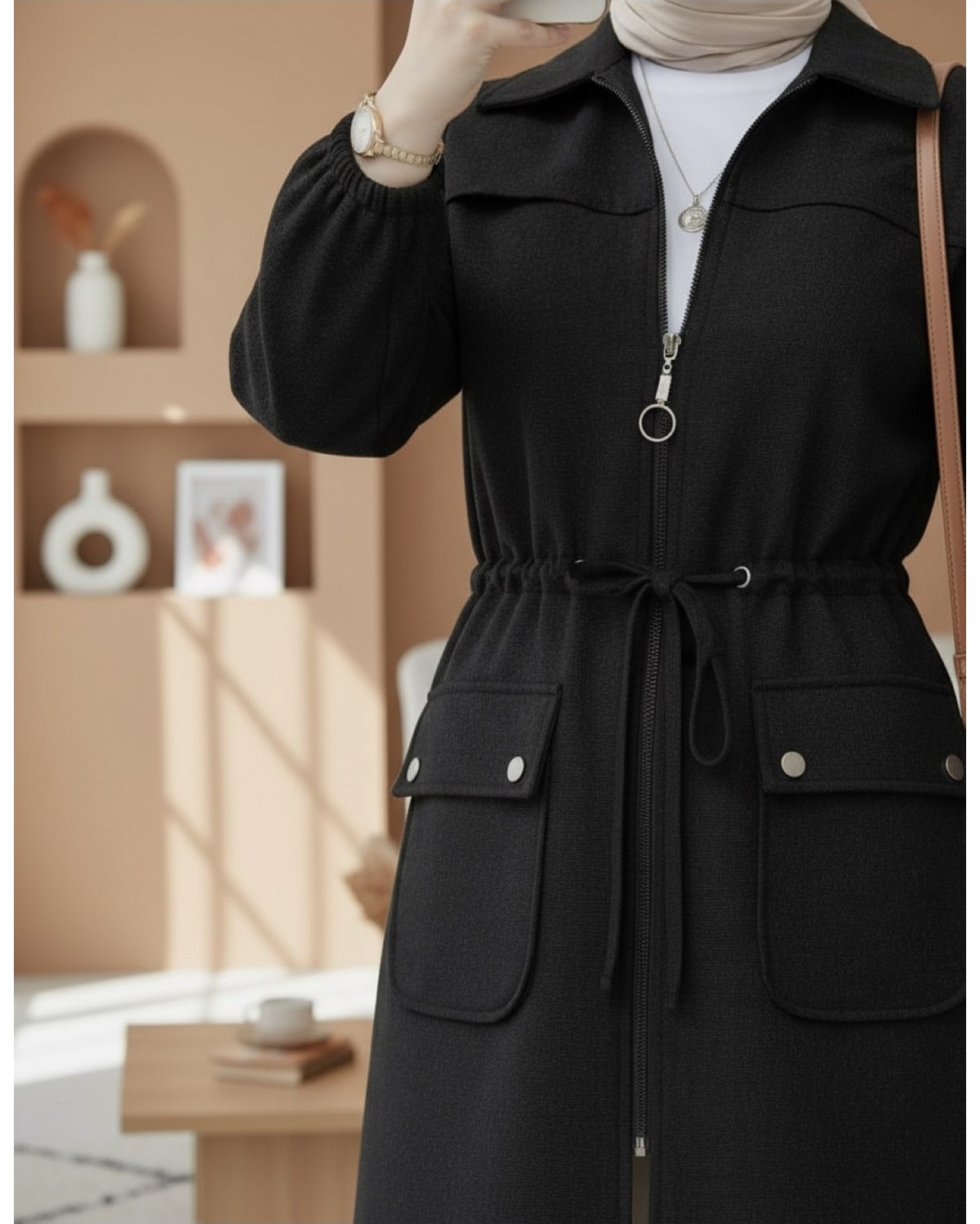 Moda Morfo Kolu Lastikli Top Düğme Cepli Fermuarlı Kaşe Kap -Laci görsel 2