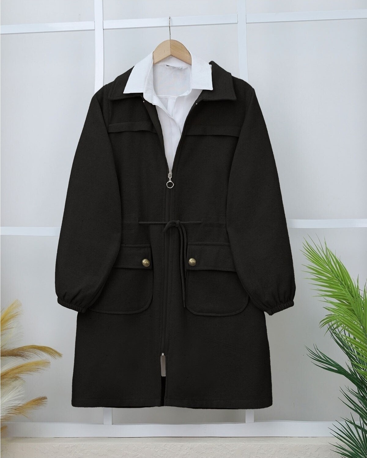 Moda Morfo Kolu Lastikli Top Düğme Cepli Fermuarlı Kaşe Kap -Laci görsel 5