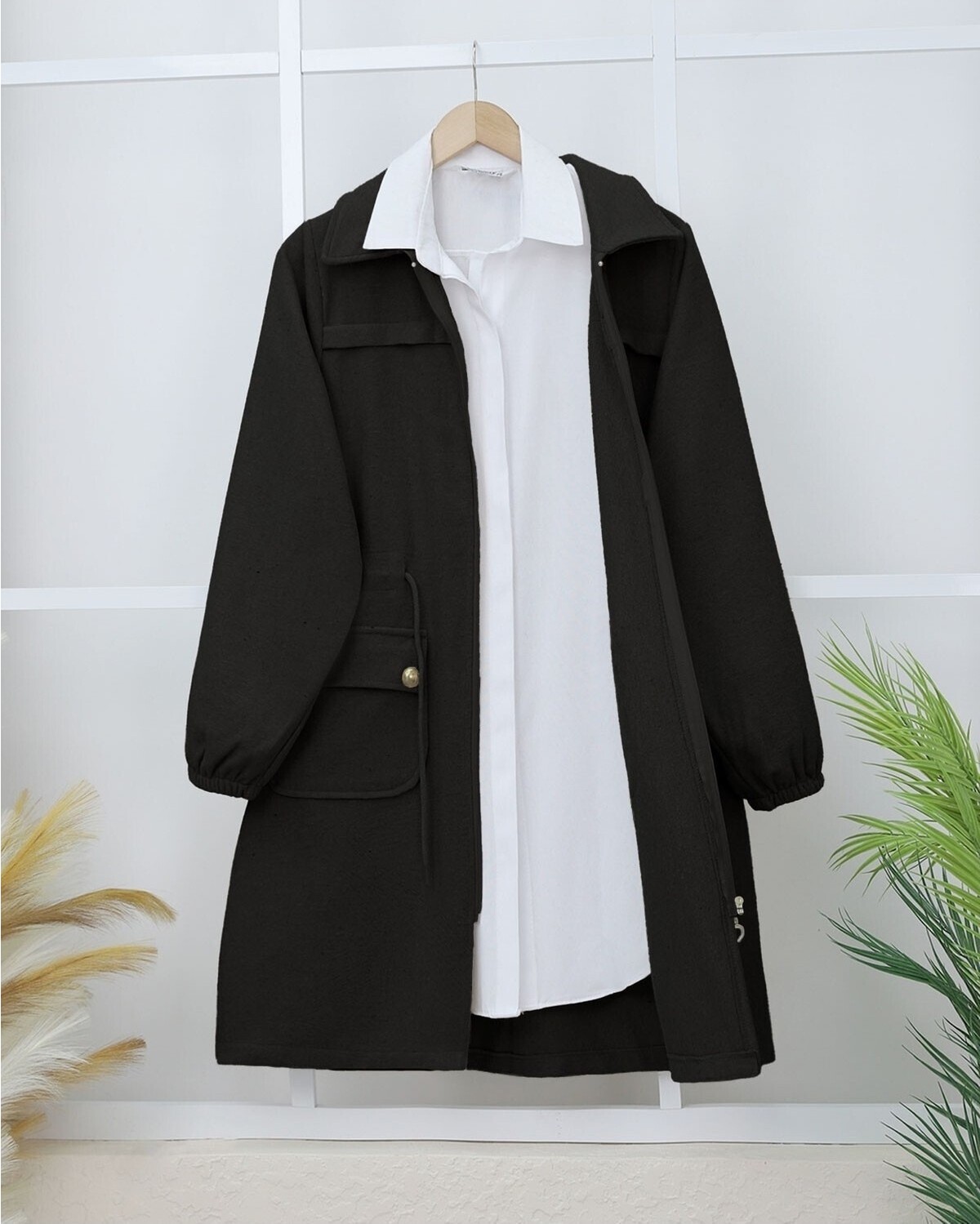 Moda Morfo Kolu Lastikli Top Düğme Cepli Fermuarlı Kaşe Kap -Laci görsel 6