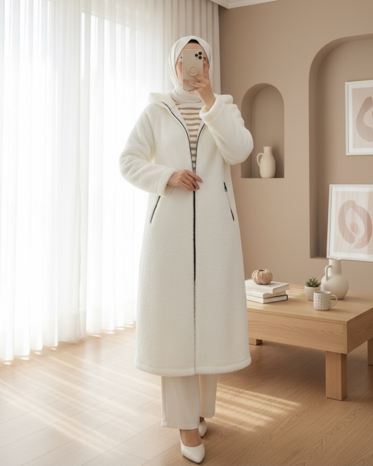 Moda Morfo Astarlı Kapşonlu Kuzu Pelüş Kışlık Kaban -Ekru görsel 2