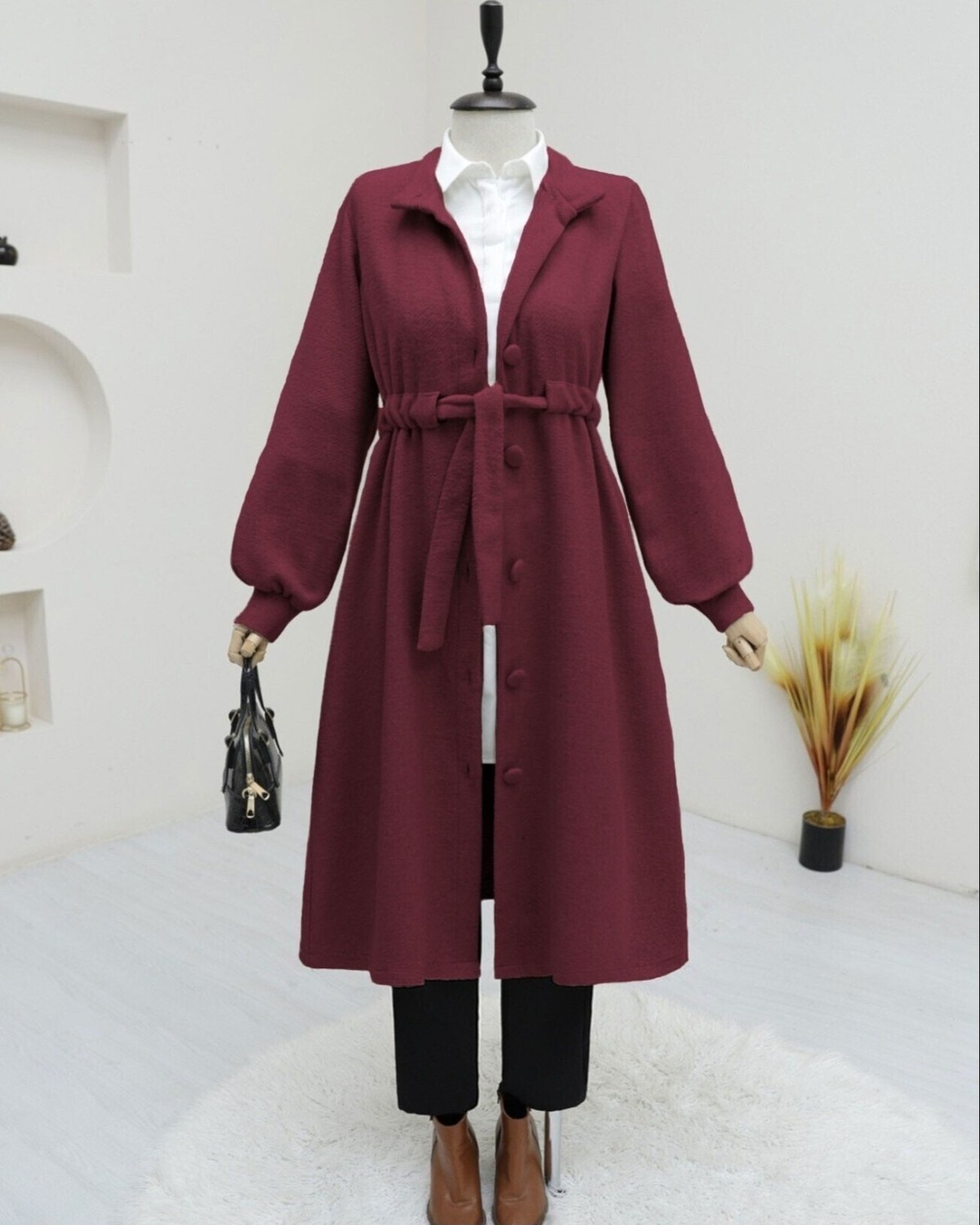 Moda Morfo Hakim Yaka Tünel Bağcıklı Kaşe Kaban -Bordo görsel 2