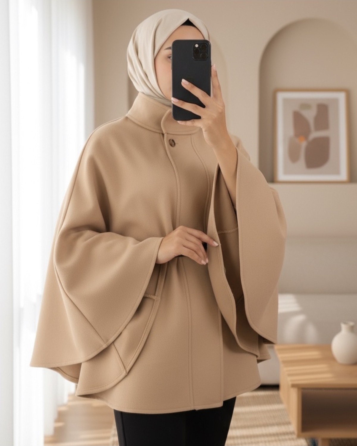 Moda Morfo Tek Düğme Kemerli Panço -Vizon görsel 2
