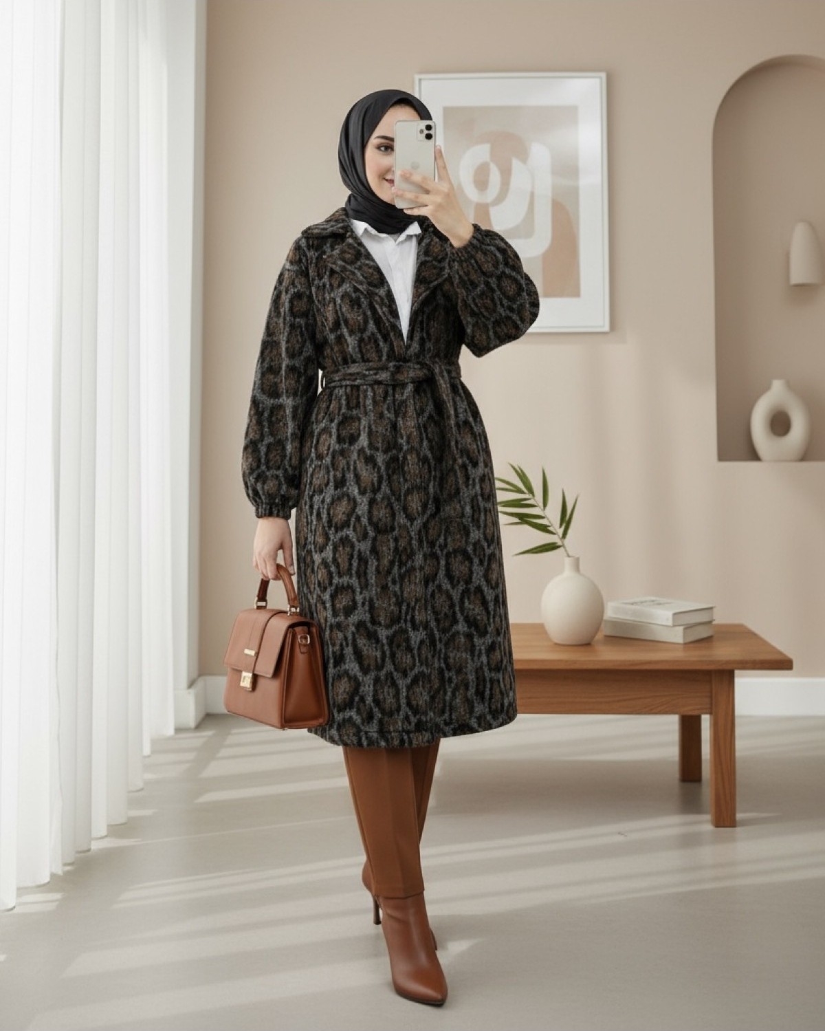 Moda Morfo Kruvaze Yaka Kemerli Cepli Leopar Desen Kaşe Kap -Leopar görsel 3