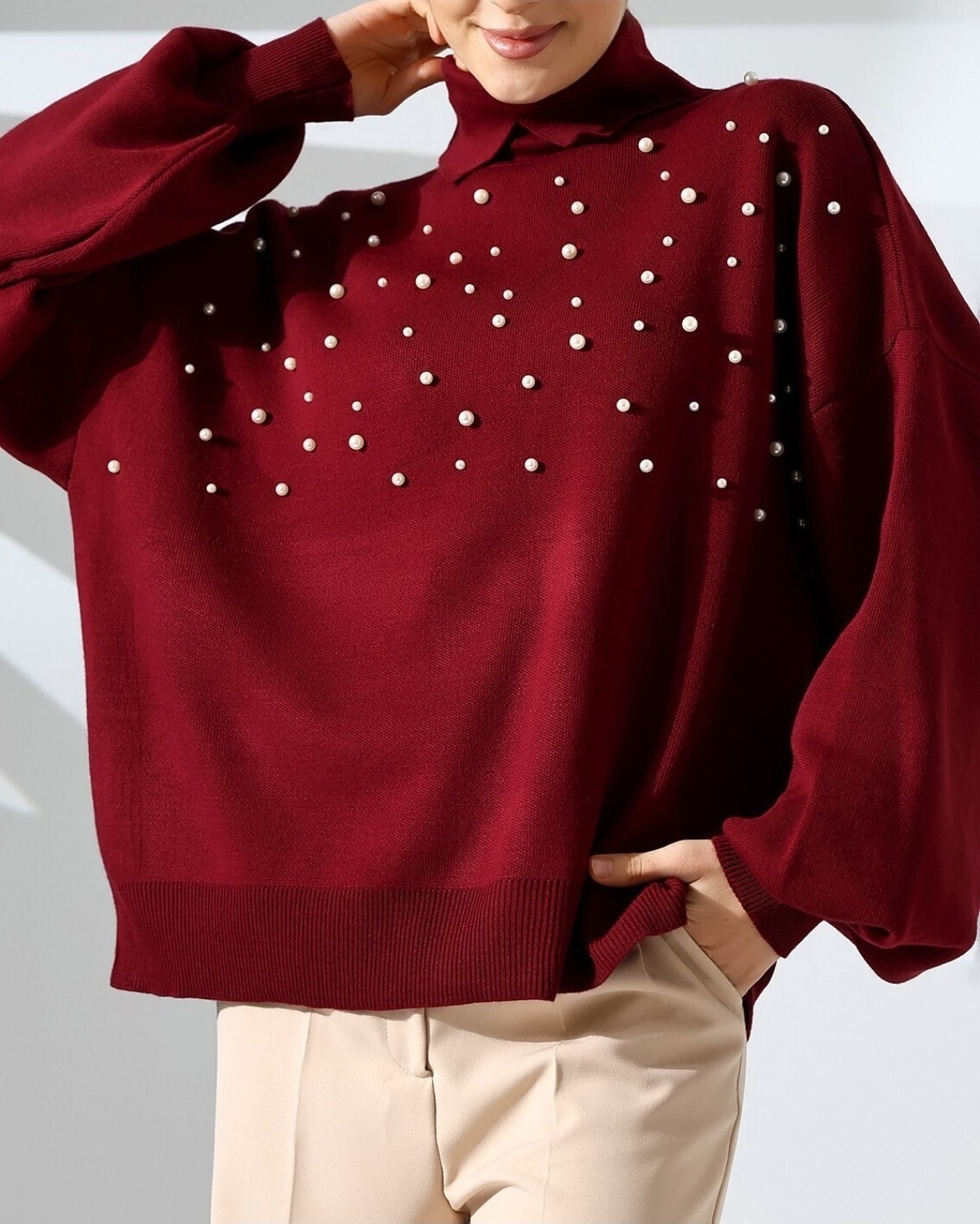 Moda Morfo İncili Balıkçı Yaka Balon Kol Triko -Bordo görsel 3
