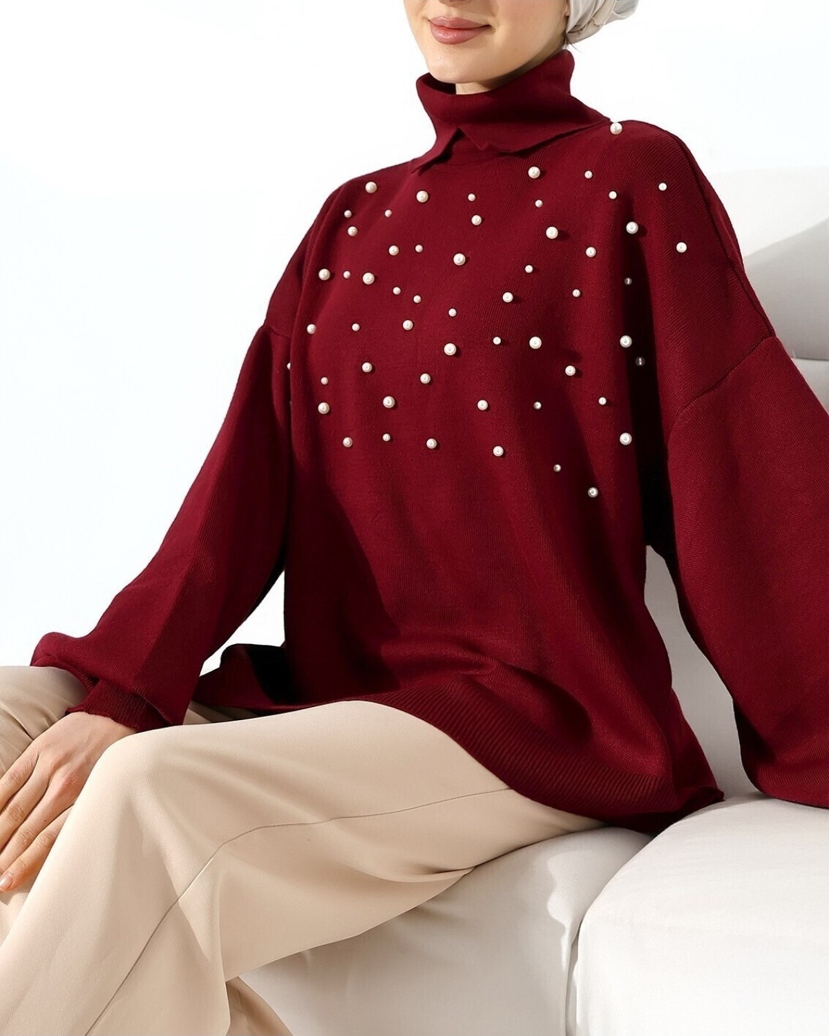 Moda Morfo İncili Balıkçı Yaka Balon Kol Triko -Bordo görsel 7